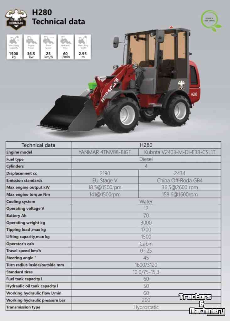 Wheelloader Heracles H280 PRO, Telescoop en Elektrisch