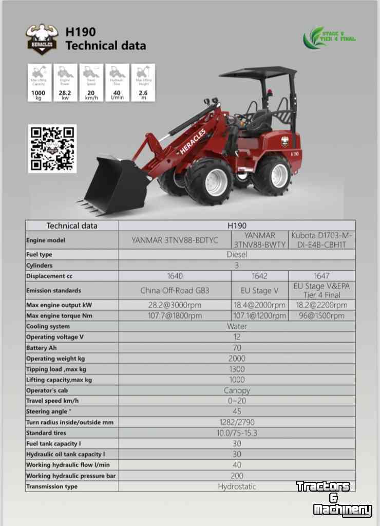 Wheelloader Heracles H190 Pro, Plus en Telescoop